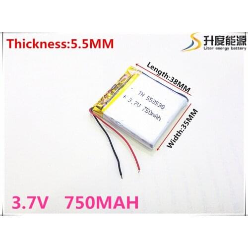 Polymer battery 750 mah 3.7 V 553538 smart home MP3 speakers Li-ion battery for dvr,GPS,mp3,mp4,cell phone,speaker