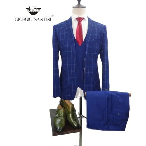 SLIM FIT 2020 GIORGIOSANTINI casual suit blue plaid 3-piece suit (Blazer + trousers + vest)