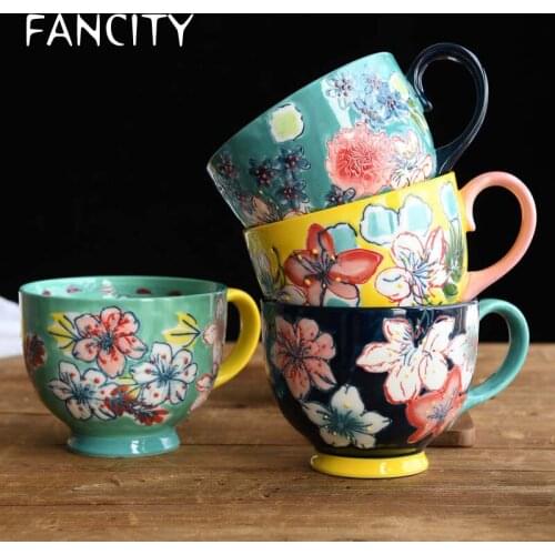 FANCITY Hand-painted relief ceramic cup with large capacity milk cup breakfast cup oatmeal cup dessert cup home