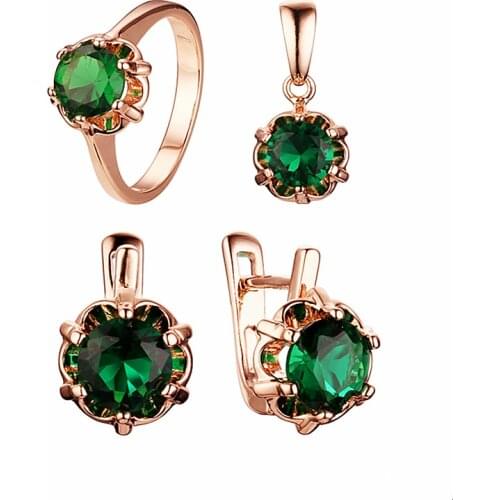 Luxury Green Stone Jewelry Set 585 Rose Gold Color Earring/Ring/Necklace Jewelry Set Gift for Mother and Wife
