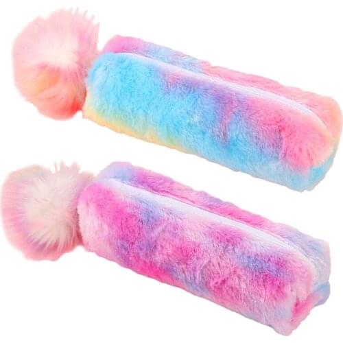 T3LB Premium Plush Gradient Color Pencil Pouch Fluffy Pencil Bag Plush Ball Zipper Pen Storage Pouch Multipurpose Makeup Bag