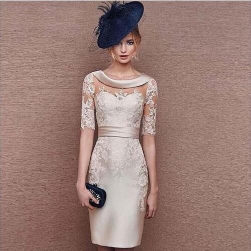 Vintage Mother of The Bride Dresses O-neck Half Sleeve Lace Appliques Short Formal Evening Gown Mother Dress for Weddings