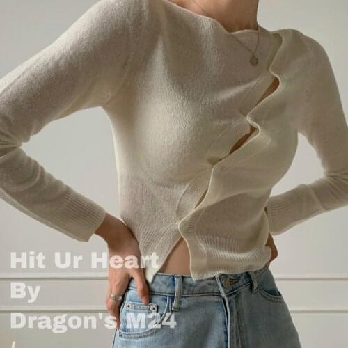 Irregular Design White Knit Cardigan Womens Autumn Long Sleeve Bottoming Shirt 2021 New Short Top