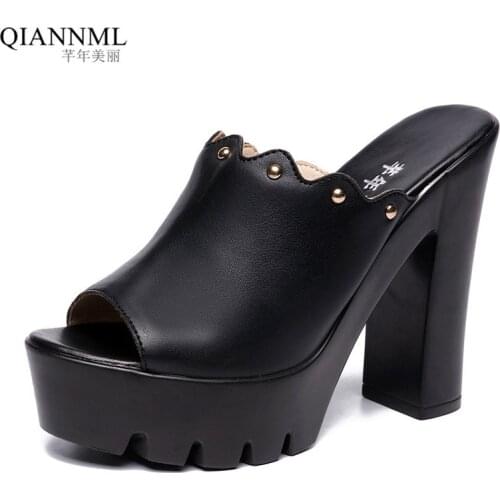 Open Toe Plus Size 32-43 Block Heels Platform Shoes Woman Summer Slippers 2021 Super High Heels Leather Slides Women Slippers
