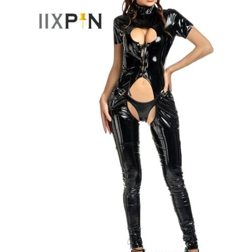 Women Eroctic Romper Teddieds Patent Leather High Neck Short Sleeve Crotchless Keyhole Leotard Hollow Out Lace-up Sexy Bodysuit