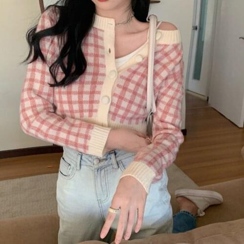 Plaid Sweaters Women Short Thin Korean Ins New Fashion Autumn Winter Cardigans Sweet 2021 Chaqueta Mujer