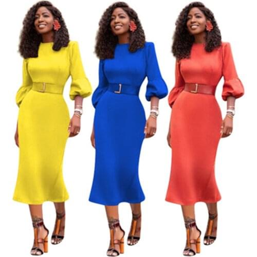 Elegant Wear To Work Business Bodycon Pencil Dress for Women Lantern Sleeve Slim Midi Dress Office Lady Party Club Dresses Robe