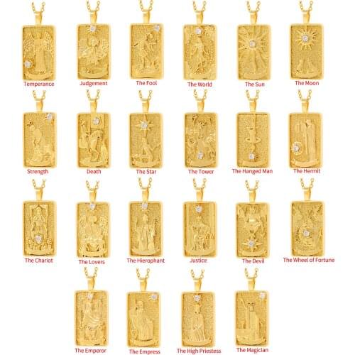 Gold Vintage Tarot Cards Necklaces For Women Man kabala Symbols Zircon Square Necklace Punk Sun and Moon Pendant Jewelry Gifts