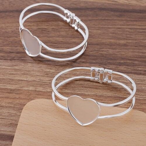 10pcs Silver Plated Brass Blank Cuff Bangle Bases with 25mm Heart Bezel tray Spring Open Bracelet Bangle Settings DIY Findings