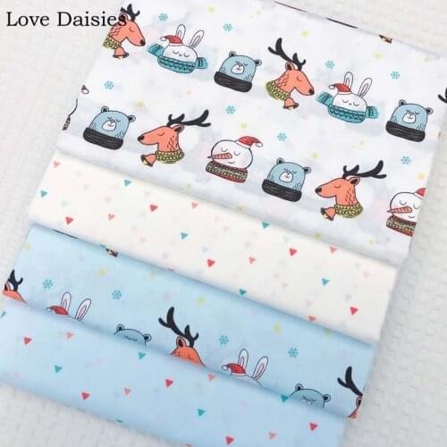 100% Cotton Cartoon WHITE BLUE Animals Snowman Elk Snow Beige Blue Tri angle Twill Fabric for Sheet Apparel Home Decor Patchwork