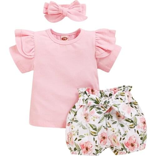 2021 Summer Cute Toddler Infant Baby Girl Clothing O-Neck Cotton Short Sleeve T shirt Sunflower Print Short Pant Headband Set