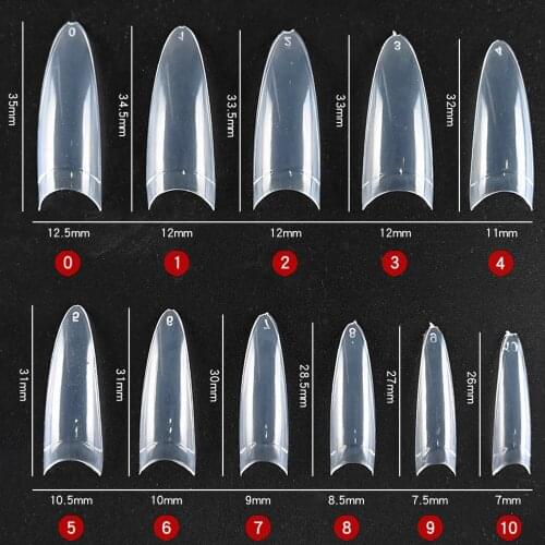 550pcs/Bag Natural Color Fake Nail Arc Tips Almond C Shape 11 Sizes Pointed Armour Half Cover For Polishing Manicure False Nails