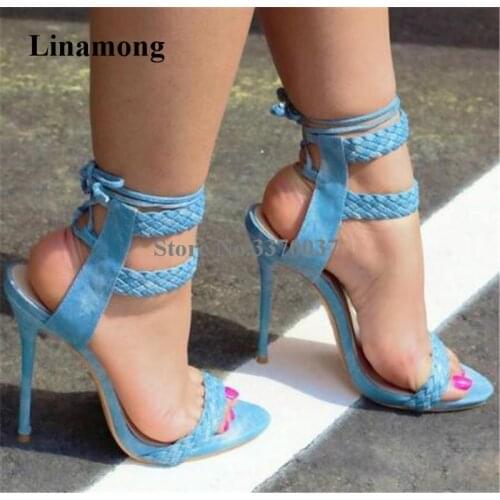 New Design Women Fashion Open Toe Suede Leather Thin Heel Gladiator Sandals Braided Lace-up Blue Beige Black High Heel Sandals