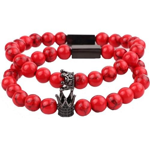 High Quality Natural Stone Couple Bracelet CZ Pave Crown Queen Charm Custom Text Elastic Bracelet Jewelry Women Men