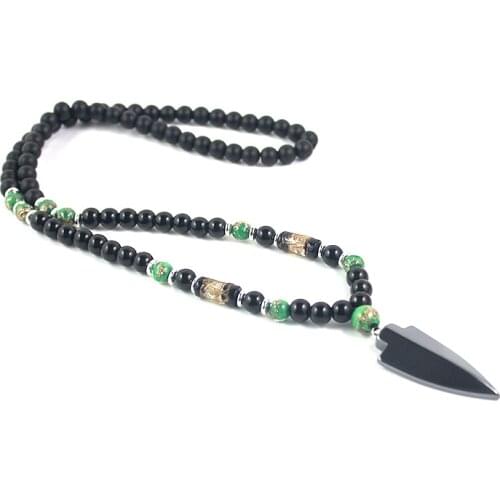 Black Natural Stone Green Coloured Glaze with Hematite Arrow Pendant Necklace Long Chain Sweater Necklace for Men NSN007