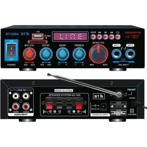 12V / 220V BT Audio Power Amplifier Digital Audio Receiver AMP USB SD Slot MP3 Player FM Radio Dual Mic Input 2*Channel 50W+50W