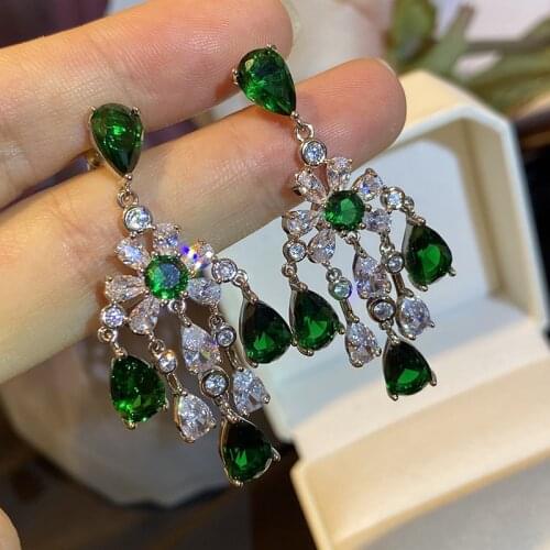 EYER New Trendy Drop CZ Zircon Earrings White Gold-Color Hot Green Shiny Crystal Austrian Water Drop Earrings for Women Party