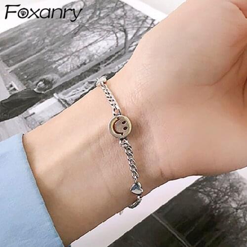 Foxanry 925 Sterling Silver Smiley Face Chain Bracelet New Fashion Creative Bracelet Elegant Birthday Party Jewelry Gifts