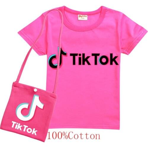 TIK TOK Cartoon Summer Kids Girls Cotton T Shirt +Bag Baby Children T-shirt Tops Tees Casual Wear