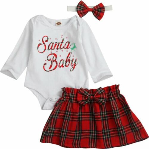 Santa Baby Newborn Girls Christmas Outfits Romper Tops Skirt Headband Clothes
