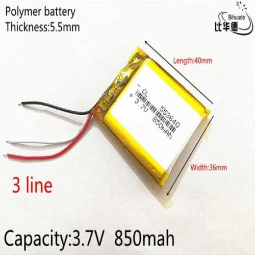 3 line 3.7V 850mAh 553640 Lithium Polymer Li-Po li ion Rechargeable Battery cells For Mp3 MP4 MP5 GPS mobile bluetooth