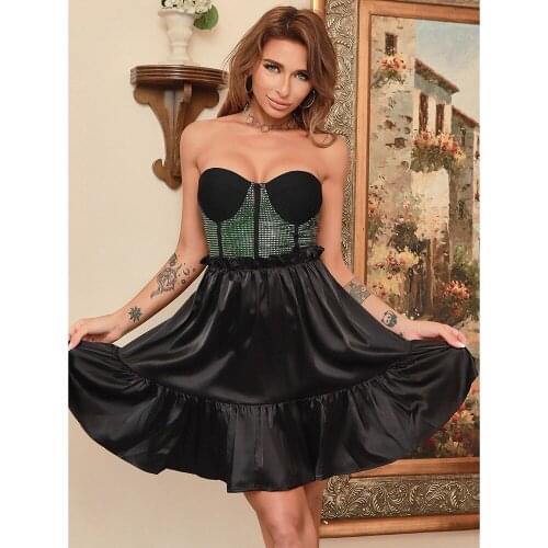 Fashion Green Sequined Patchwork Ruffles Sexy Hollow Out Lace Up Women Party Dress Strapless Ladies Mini Club Vestidos DH7497