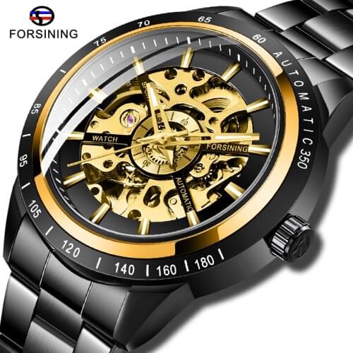 Mens Mechanical Watch Forsining Golden Skeleton Steampunk Automatic Watch Full Steel Band Wristwatch Relogio Masculino