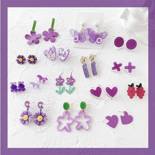 Pair New Sweet Purple Acrylic Flower Butterflies Bear Drop Earrings Women Fashion Accessories Trends 2021 Style Jewelery