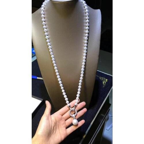 Hand knotted natural 9-10mm white freshwater pearl necklace sweater chain long 61cm fashion jewelry