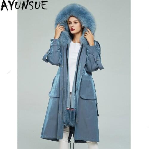 AYUNSUE Parka Real Fur Coat Female Natural Rabbit Fur Liner Long Trench Coat Winter Jacket Women Fox Fur Collar Warm Overcoat MY
