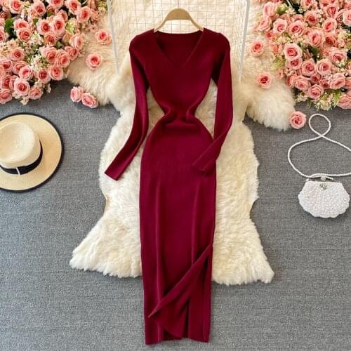 Long Sleeve V Neck Dresses Green Split Rib Robe Casual Knitting Sexy Elegant Women Clothes Party Clubwear Solid Red Vestidos