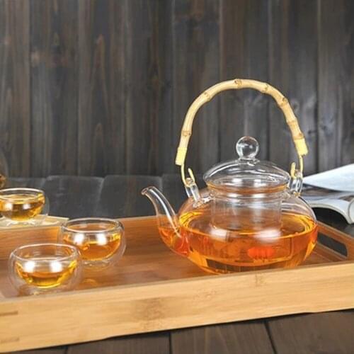 All Ready Elegant Glass Tea Set Heat-resistant bamboo handle Tea Pot With Cups Tray Kettle Warmer Home Tea Giftset Table Ware