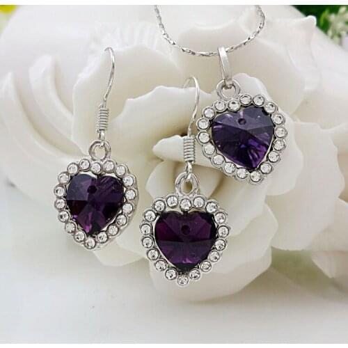 QiLeSen Fine jewelry 925 sterling silver suitable for ladies wedding set, Love crystal dark purple Necklace Earring Set YW152
