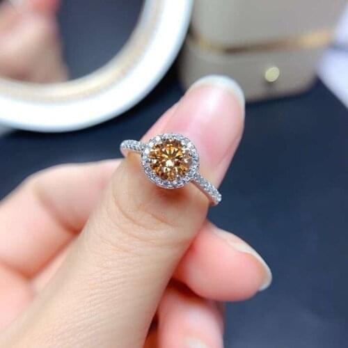 Luxury Yellow Diamond Rings for Women Silver 925 Round Created Gemstone Jewelry Fashion Wedding Party Romantic Gift Champagne