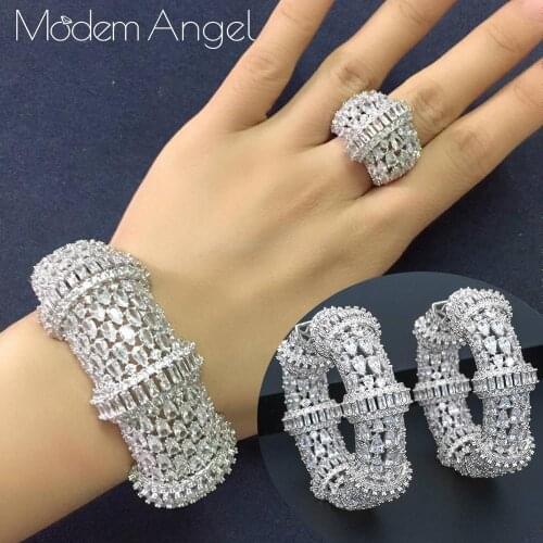 ModemAngel Luxury Big Bamboo Bangle Ring Set For Women Micro Cubic Zircon Pave Party Wedding Saudi Arabic Dubai Jewelry Sets