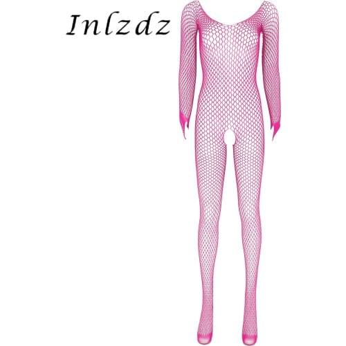 Sexy Womens Lingerie Open Crotch Bodystocking See-through Mesh Crotchless Erotic Bodysuit Round Neck Long Sleeve with Thumb Hole