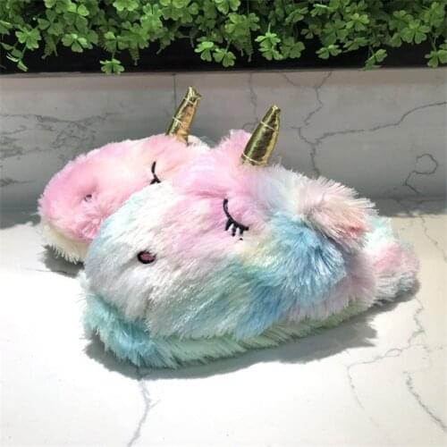 Womens Winter Cotton Shoes Cute Cartoon Unicorn Slides Female Furry Flip Flops Ladies Snug Sneakers Women Fashion Home Slippers