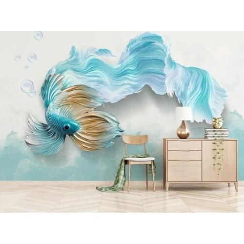 Modern Blue Fish Wall Mural for Bedroom Wallpaper Rolls Art Wall Decals Contact Paper Hand Painted Animal Murals Custom