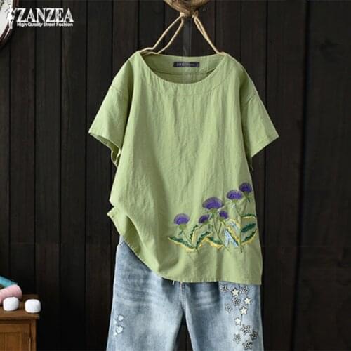 ZANZEA 2021 Embroidery Tops Womens Summer Blouse Casual Short Sleeve Tee Shirts Female O Neck Blusas Fashion Plus Size Tunic