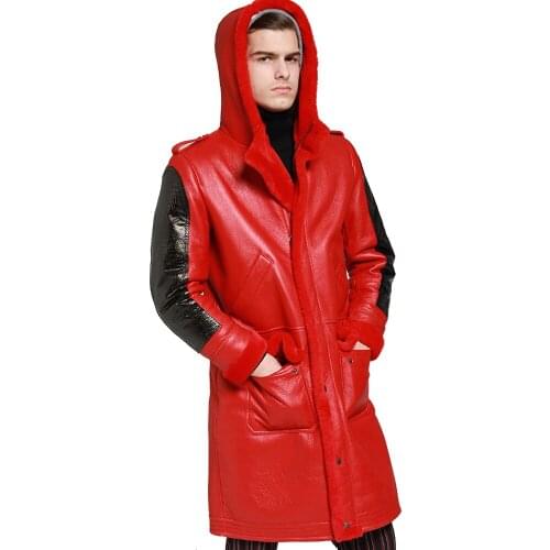 Thicken Long Shearling Sheepskin Coat Men Winter Warm Sheep Leather Jacket Genuine Leather Brown Hooded Real Fur Clothing