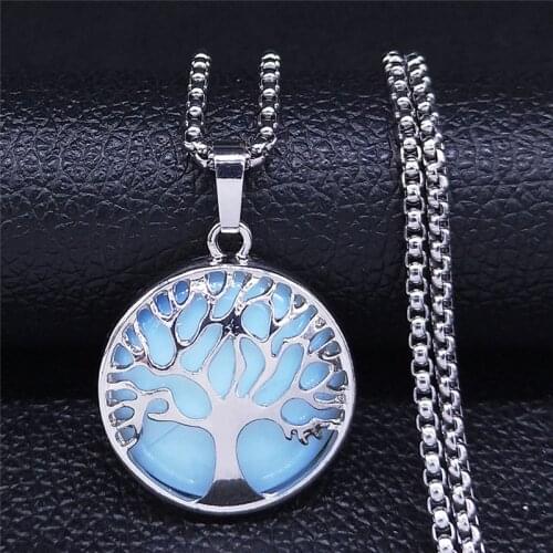 Bohemia Tree of Life Moonstone Stainless Steel Necklaces Silver Color Chain Necklace Jewelry cadenas mujer N4533S04