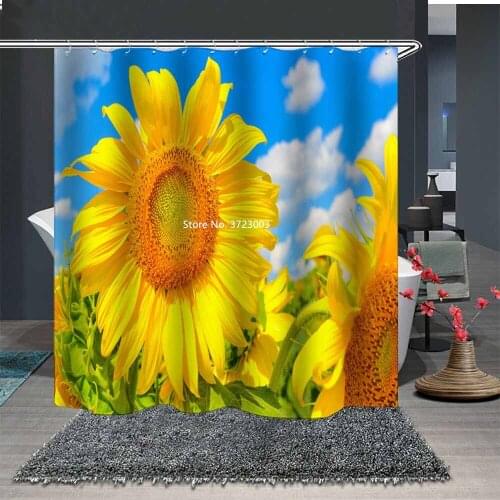 Yellow Sunflower Print Waterproof and Mildew Proof Shower Curtain Polyester Fabric with Hook Decorative Shower Curtain