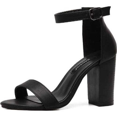 Office Summer Women Sandals Narrow Band Vintage High Heels Round Toe PU 9CM Thick High heels Buckle Strap women shoes size 35-42