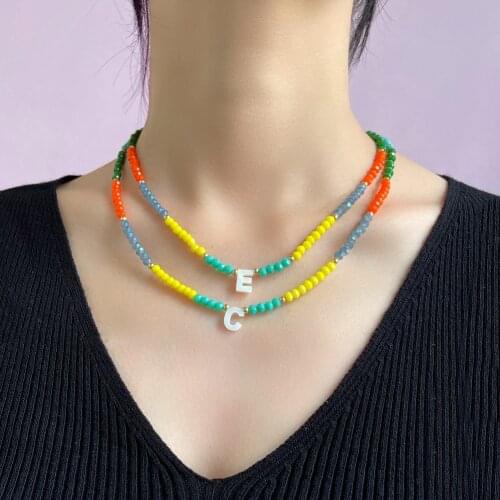 Fashion Colorful Crystal Beaded Letter Necklace For Women Natural Shell Initial Necklaces Handmade Bead Strand Party Jewelry New