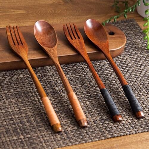 2Pcs/Set Outdoor Wooden Spoon Fork Set Camping Cutlery Japanese Wood Soup Spoon Dinner Salad Forks Tableware For Picnic Hiking