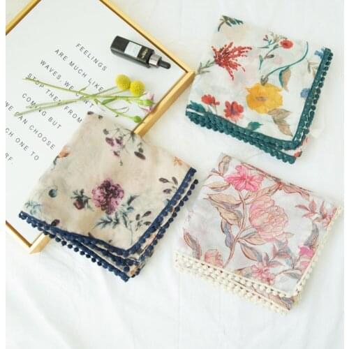 2018 Fashion Flower Pattern Pompon Scarf Shawls Long Floral Print Pompon Trim Wrap Hijab 3 Design Free Shipping