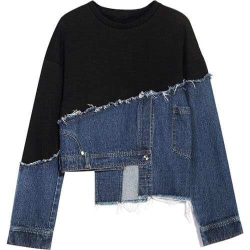 2020 Spring Women Asymmetrical Sweatshirt Cool Non-symmetrical Washing Water Loose Fit Denim Fleece Oversized Casual Outwear