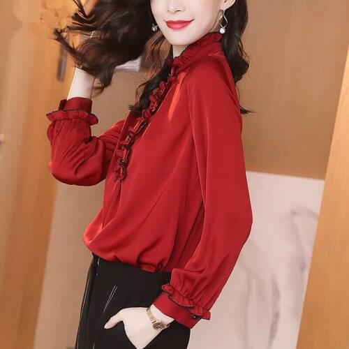 2020 Spring Fall Fashion Office Lady Women Female Ruffles Collar Long Sleeve Red Chiffon Blouse Shirt , Blouses Shirts for Woman