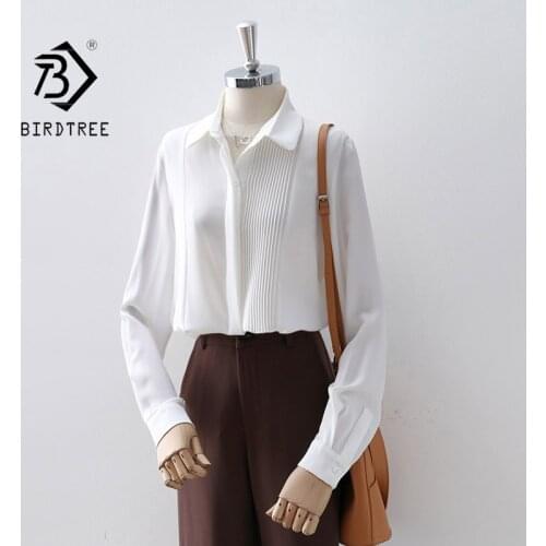 Autumn Women White Shirt Vintage Long Sleeve Chiffon Blouse Pleated Turn-Down Collar Elegant Office Wear Fall Spring Basic Tops