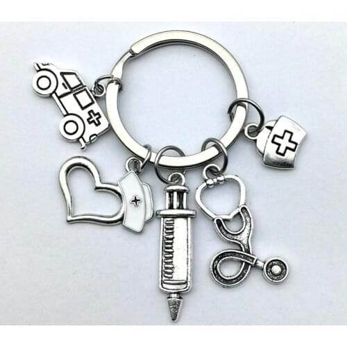1Pc Vintage Doctor Medical Keychain Stethoscope Syringe ambulance Pendant Keyring For Nurse Creative Gift Jewelry Accessories